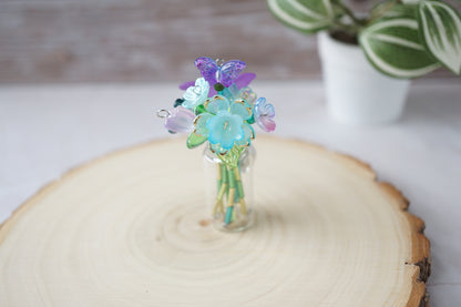 Cool Tones: Mini Forever Flower Magnetic Vase with handmade flowers in blue, teal, aqua and purple tones