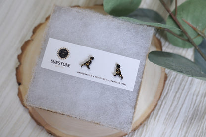 Black and gold dinosaur earrings with stainless steel posts