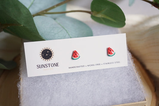 Watermelon slice micro studs with stainless steel posts by Sunstone Clay Co.