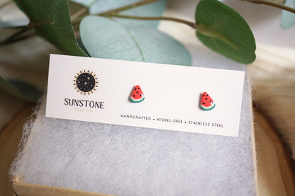 Watermelon slice micro studs with stainless steel posts by Sunstone Clay Co.