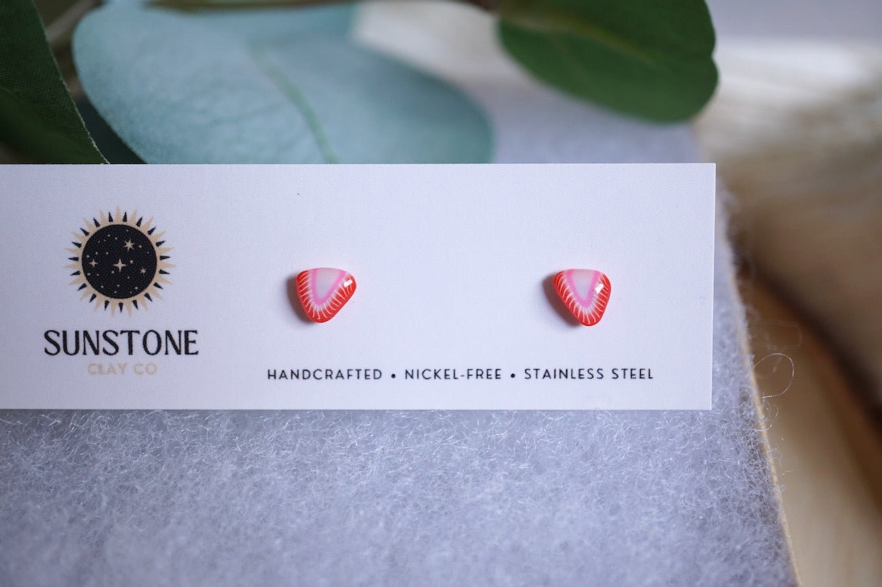 Tiny polymer clay strawberry slice earrings with stainless steel posts