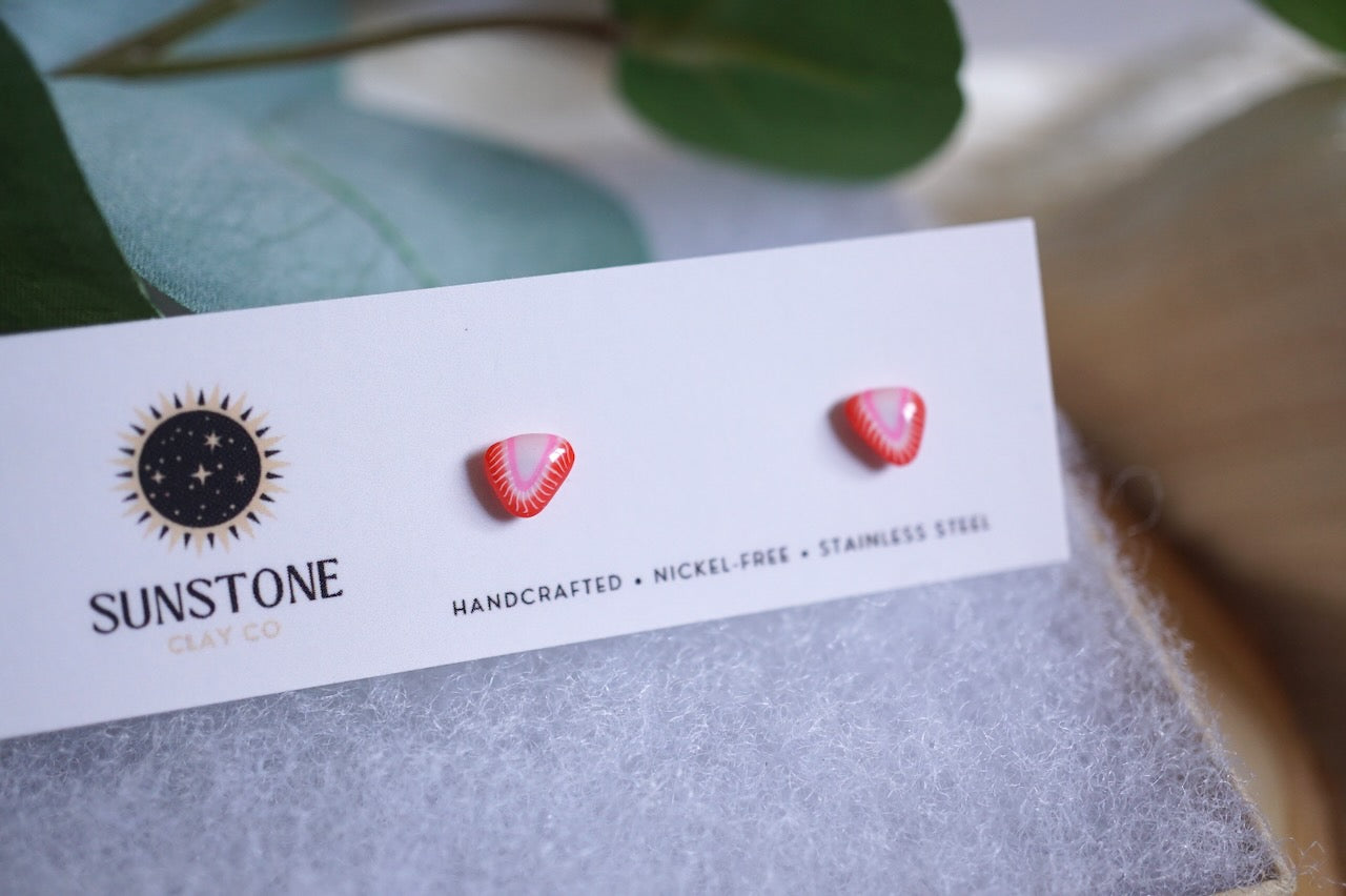 Tiny polymer clay strawberry slice earrings with stainless steel posts