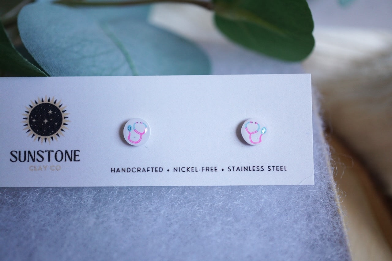 Small polymer clay stethoscope earrings with pastel detailing