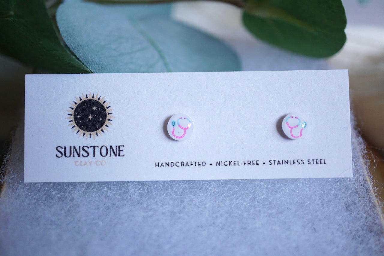 Small polymer clay stethoscope earrings with pastel detailing