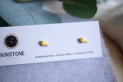 Tiny yellow bird stud earrings with stainless steel posts