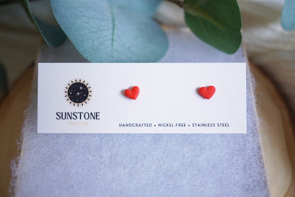 Red heart polymer clay earrings with stainless steel posts