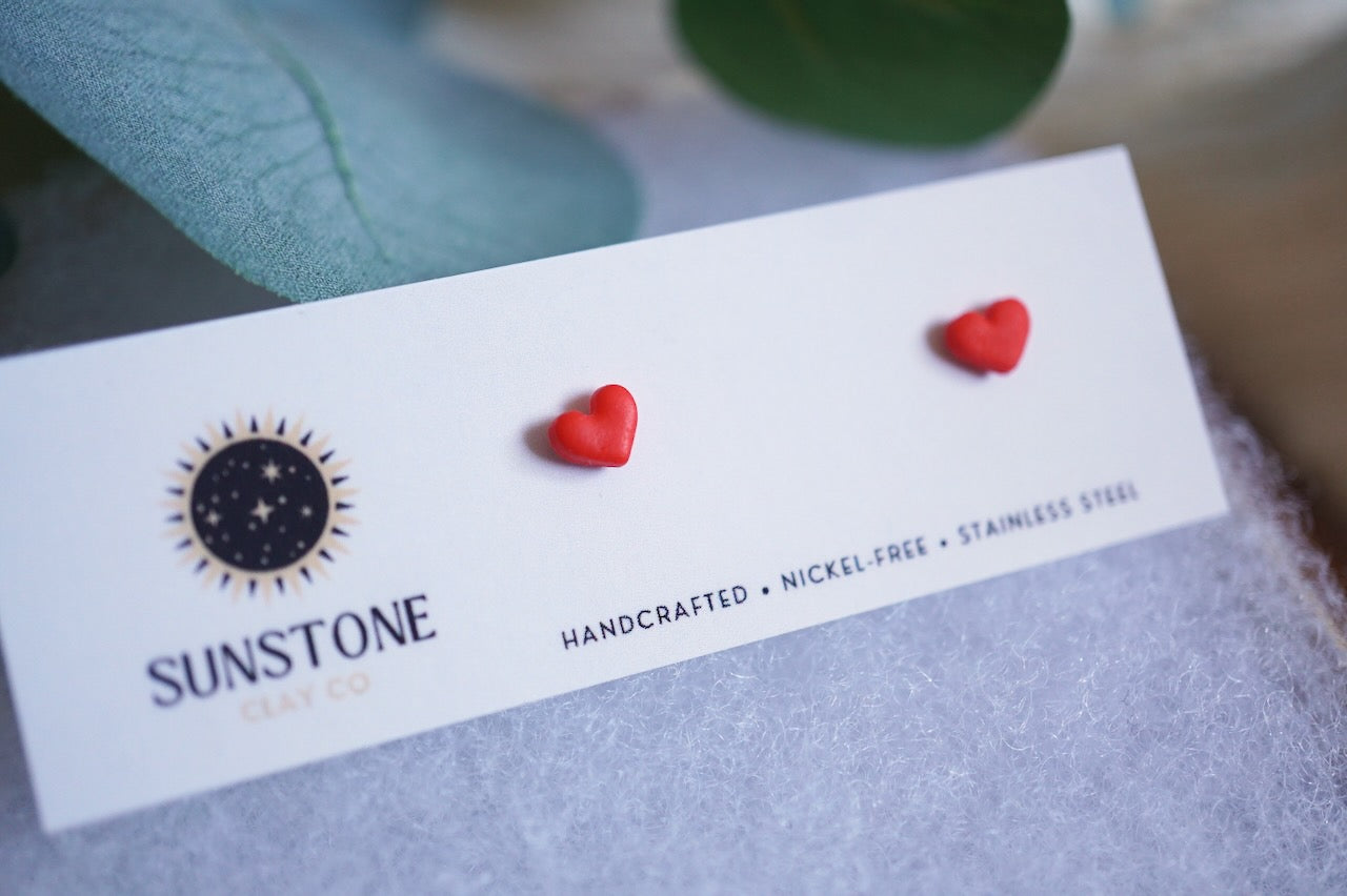 Red heart polymer clay earrings with stainless steel posts