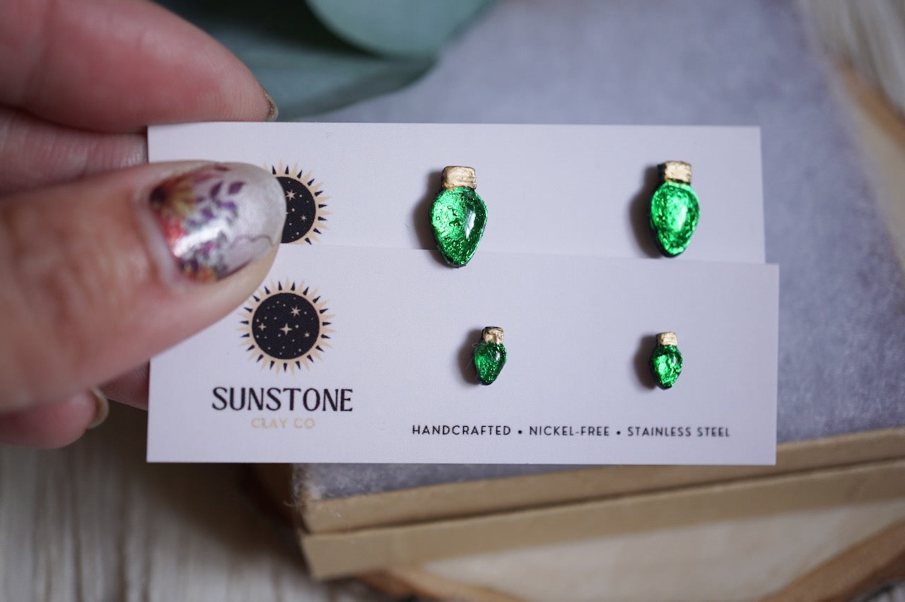 Green Christmas light stud earrings in two sizes