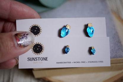 Blue Christmas light stud earrings in two sizes