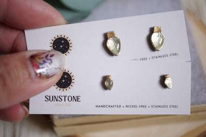 Gold Christmas light stud earrings in two sizes