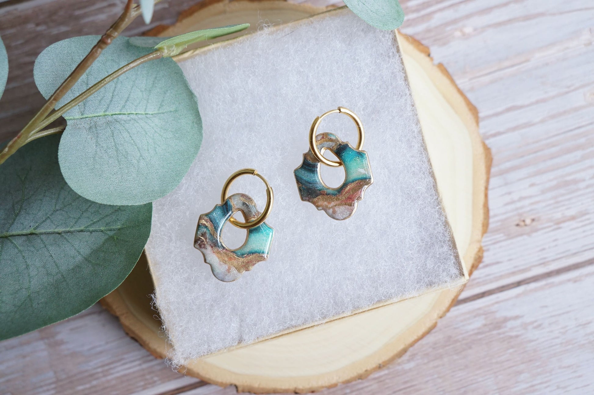 Handmade ocean-inspired teal earrings with gold hoops