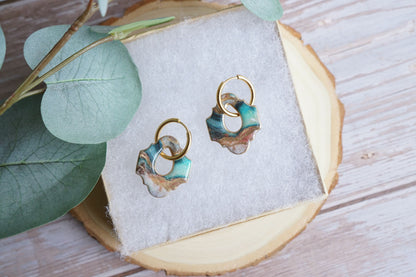 Handmade ocean-inspired teal earrings with gold hoops
