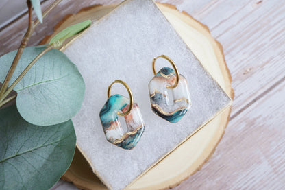 Handmade ocean-inspired teal earrings with gold hoops