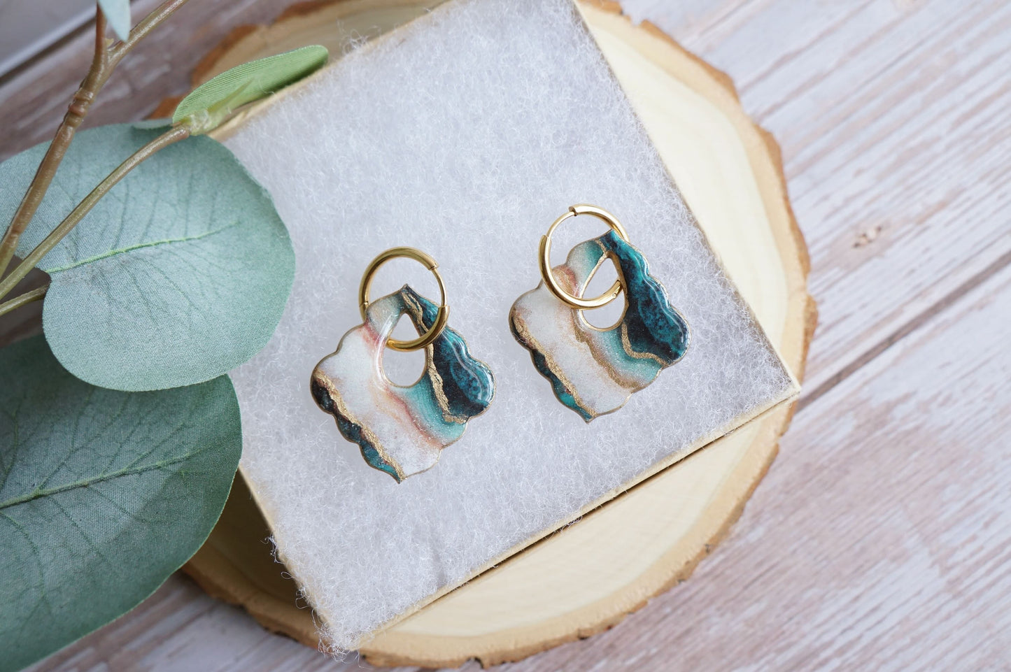 Handmade ocean-inspired teal earrings with gold hoops