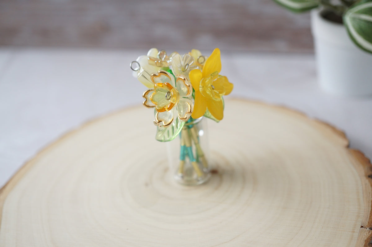 Sunshine: Mini Forever Flower Magnetic Vase with handmade flowers in sunny yellow, golden orange and cream tones