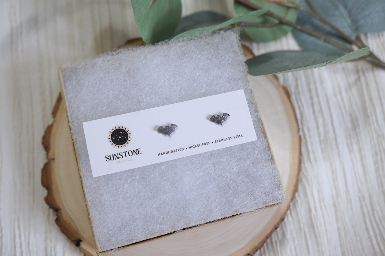 Unique handcrafted bat earrings from Sunstone Clay Co Collector Minis Collection
